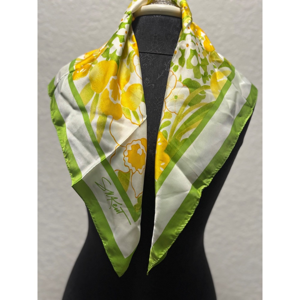 Vintage Avon Silkette Floral Scarf Yellow Green Water Repellent‎ Japan 21x21